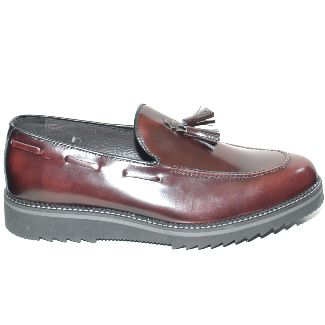 Scarpe uomo mocassino bordeaux inglese con nappina made in italy fondo classico sportivo con fondo furia grigio