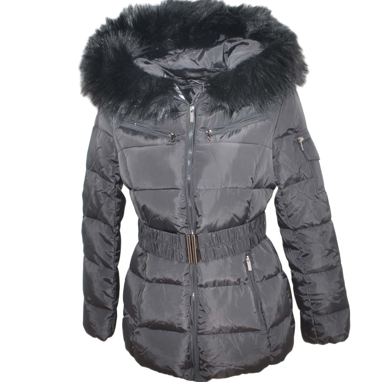 Giubbotto donna piumino imbottito in piuma d'oca con calda pelliccia su cappuccio e cintura elastica in vita caldo
