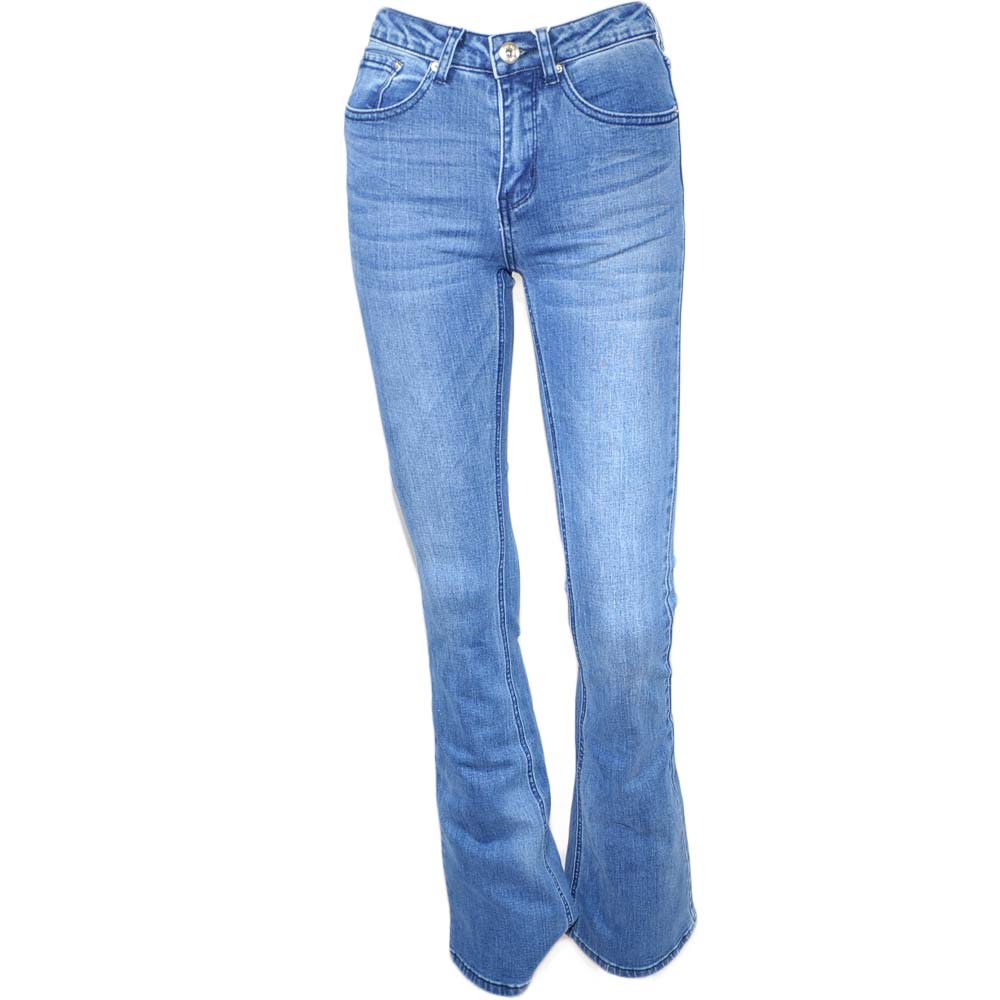 Jeans donna Flare a zampa di elefante high waist vita alta lavaggio chiaro blue denim elasticizzati slim fit