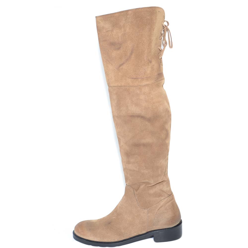 Stivale alto sopra il ginocchio donna taupe vera pelle scamosciata laccetti regolabili tacco basso comodi made in Italy