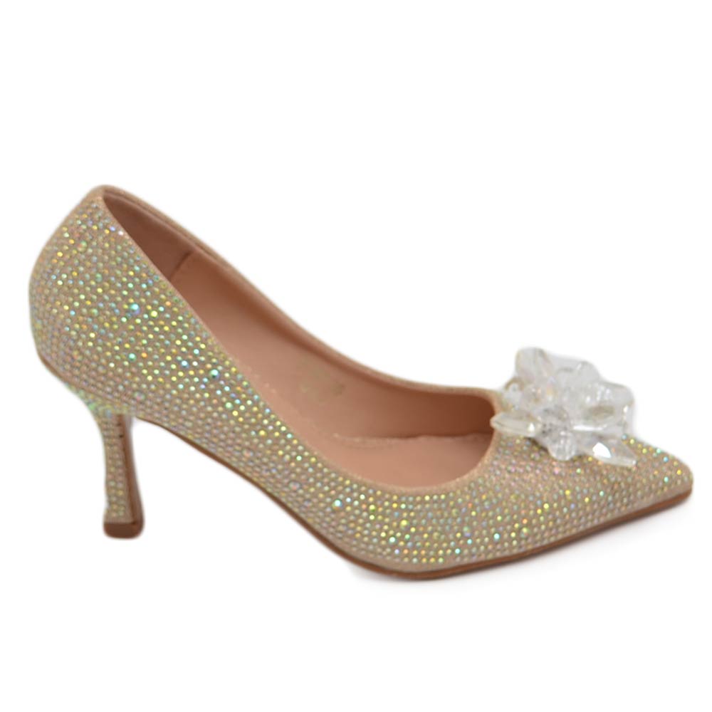 Decolette' scarpa donna gioiello spilla cristallo di ghiaccio dorato in punta tacco sottile 8 cm elegante evento