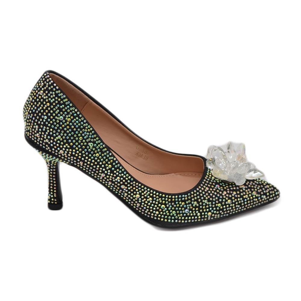 Decolette' scarpa donna gioiello spilla cristallo di ghiaccio nero in punta tacco sottile 8 cm elegante evento