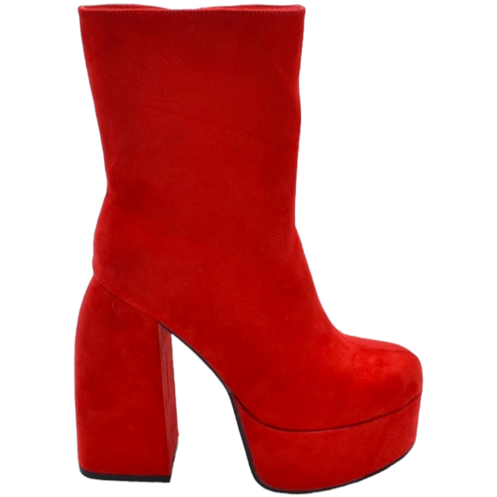 Tronchetto donna stivaletto camoscio rosso punta tonda tacco 15 cm plateau 5cm con zip effetto calzino poledance.