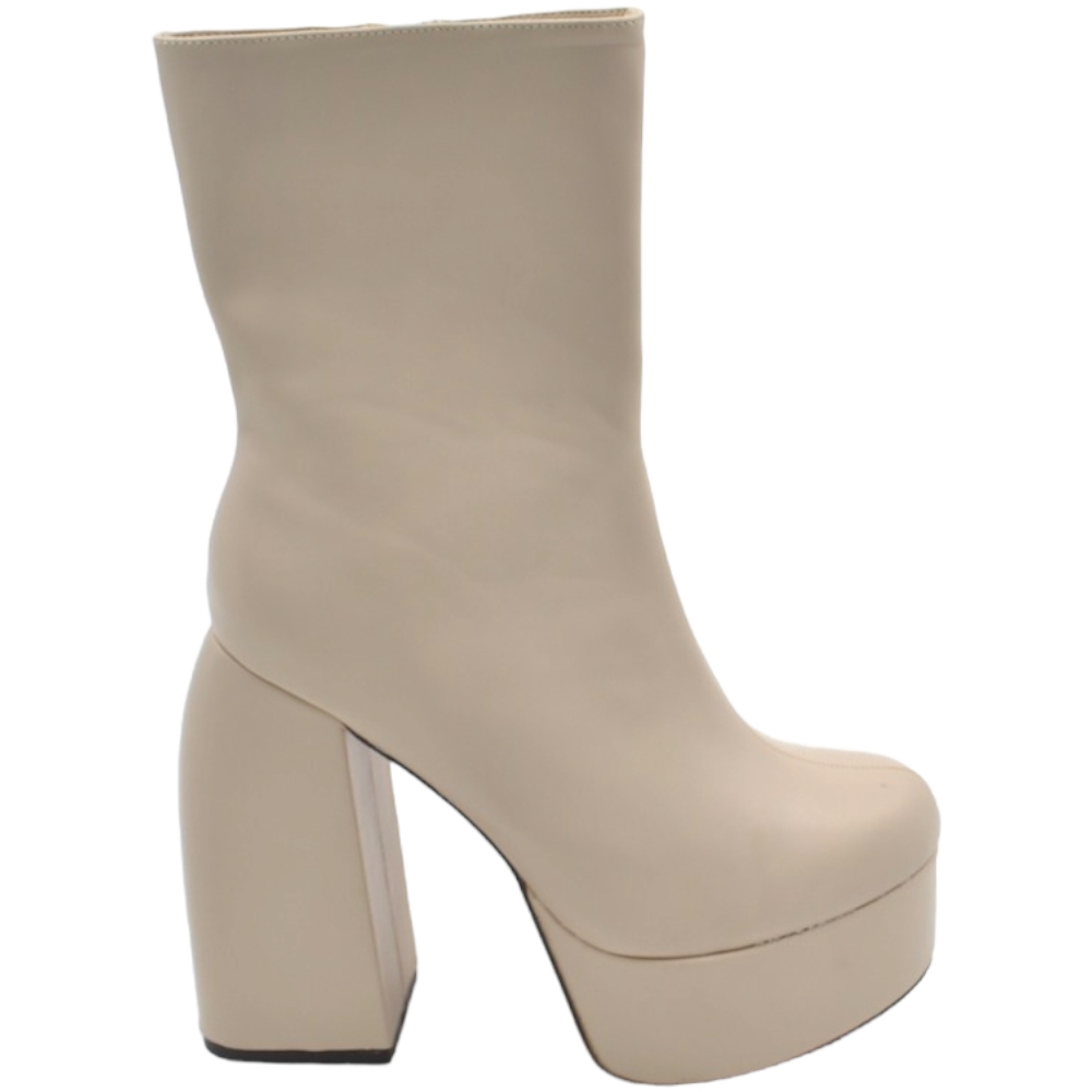 Tronchetto donna stivaletto in pelle beige punta tonda tacco 12cm plateau 5cm con zip effetto calzino al polpaccio.