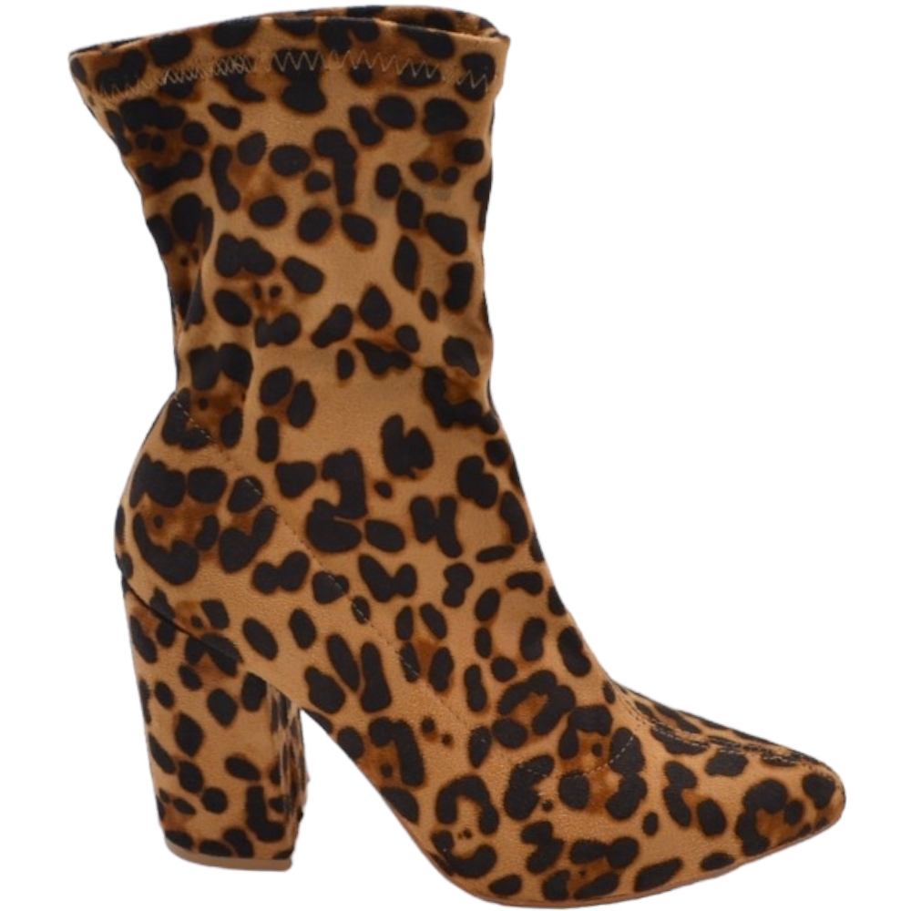 Stivaletti tronchetti donna a punta in licra effetto calzino maculato con tacco largo 6cm zip aderenti al polpaccio sexy