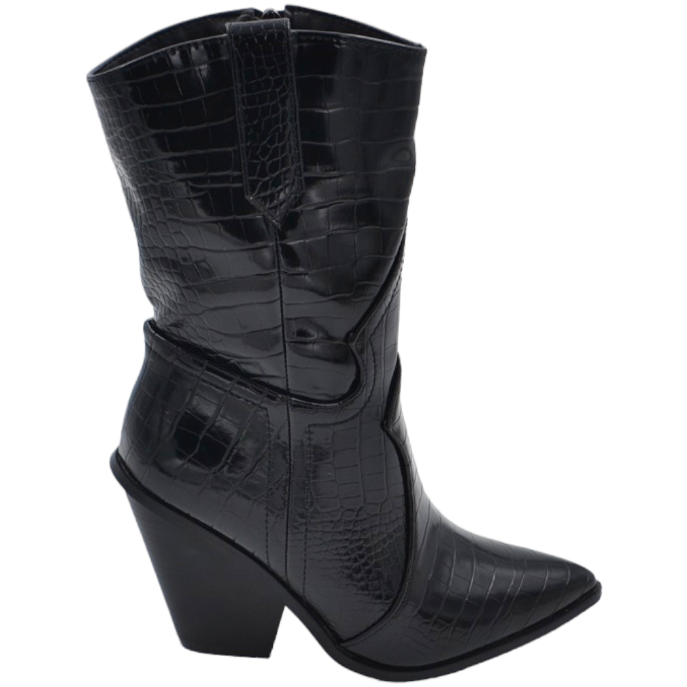 Tronchetto donna camperos nero lucido con stampa pitonata animalier con tacco western 6 cm comodo moda trend
