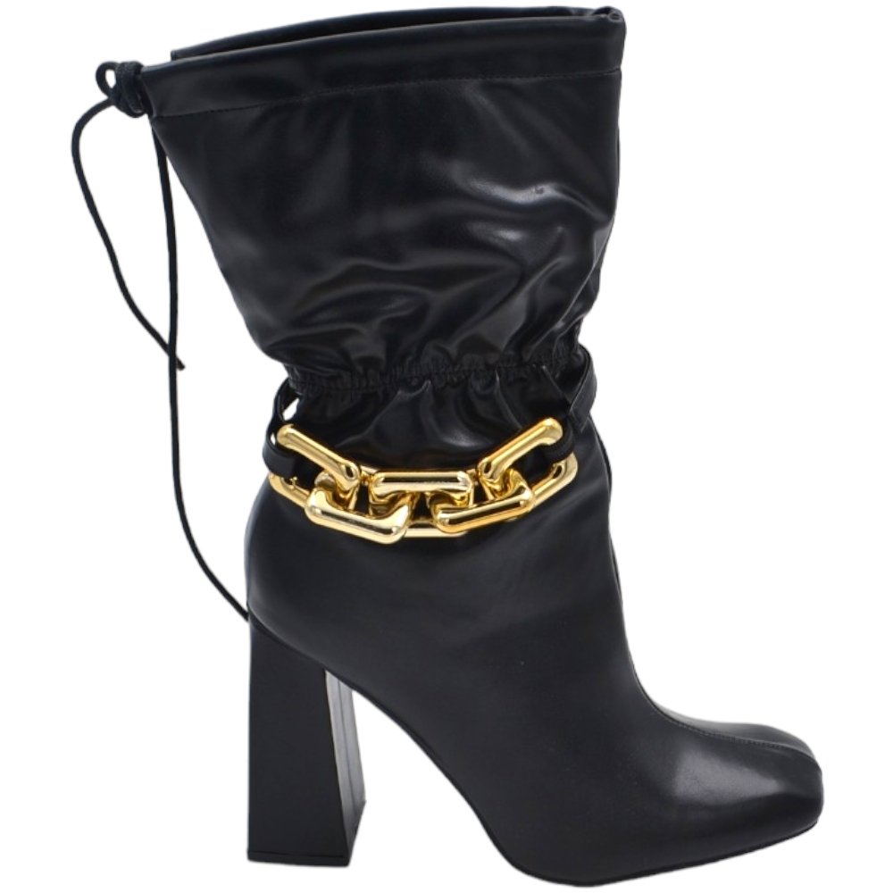 Scarpe tronchetto punta quadrata donna con tacco alto doppio 10cm laccetto al polpaccio regolabile nero zip catena oro