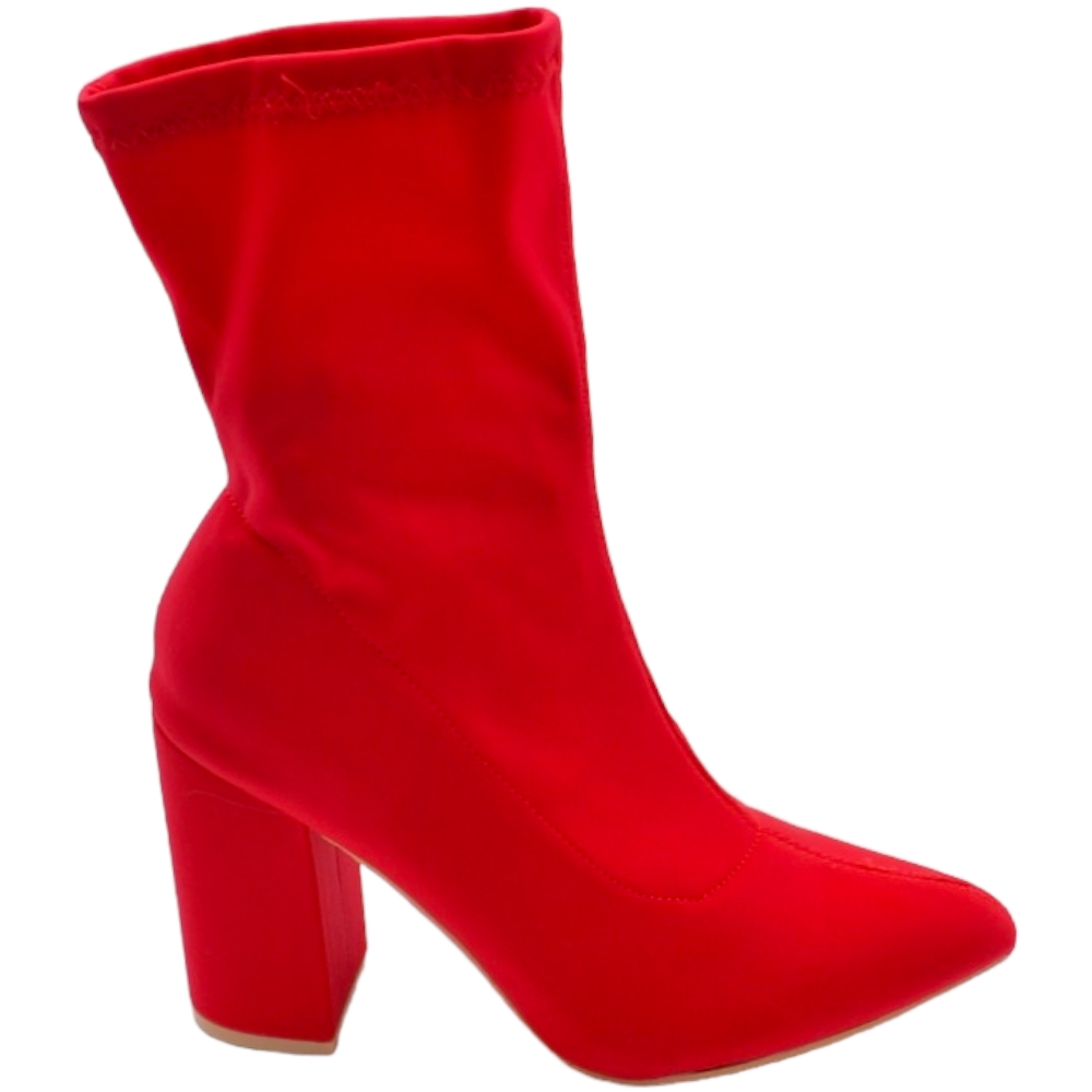 Stivaletti tronchetti donna a punta in licra effetto calzino rosso con tacco largo 6 cm zip aderenti al polpaccio sexy