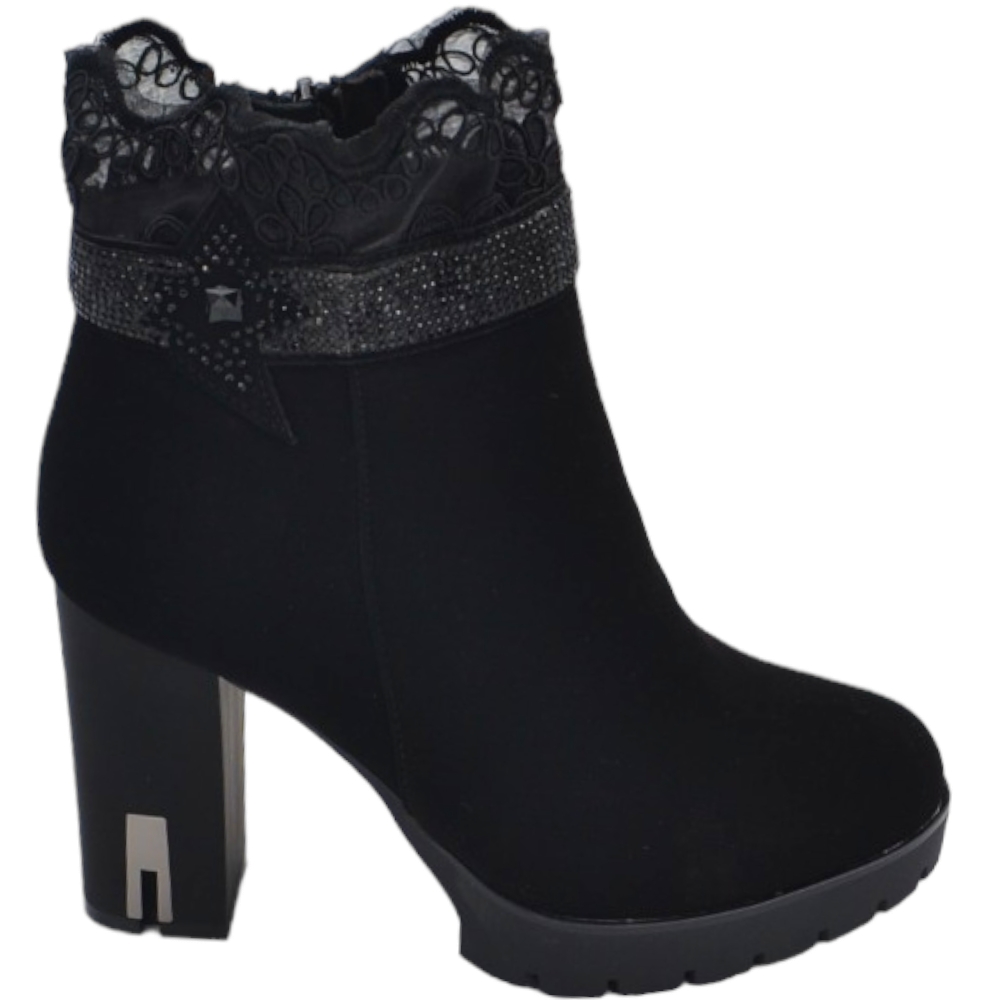 Scarpe tronchetto stivaletto camoscio nero donna tacco largo 7cm plateau 2cm merletto alla caviglia zip dettagli argent 