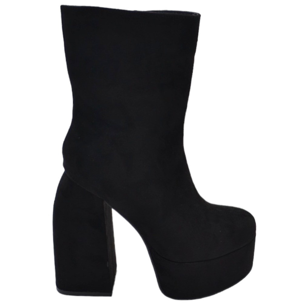 Tronchetto donna stivaletto camoscio nero punta tonda tacco 12cm plateau 5cm con zip effetto calzino al polpaccio.