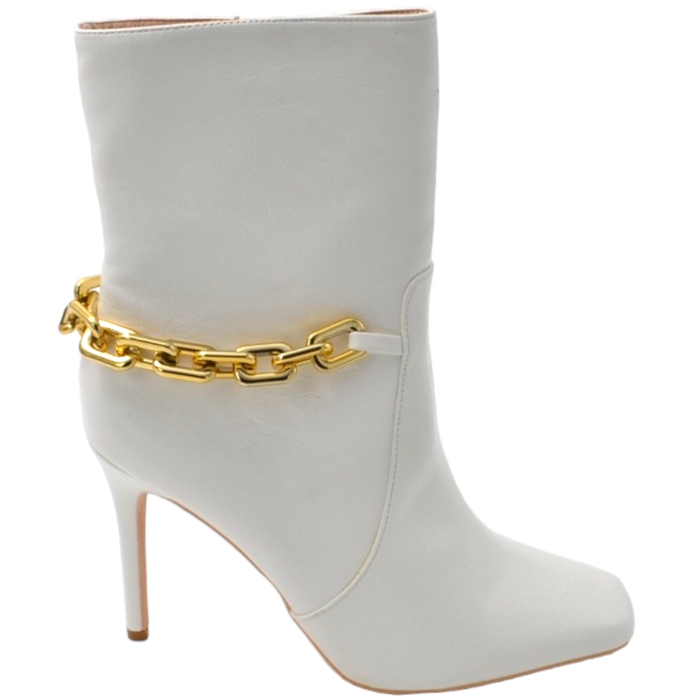 Scarpe tronchetto punta donna con tacco alto sottile 12cm e plateau 1cm alla caviglia bianco zip laterale con catena oro.