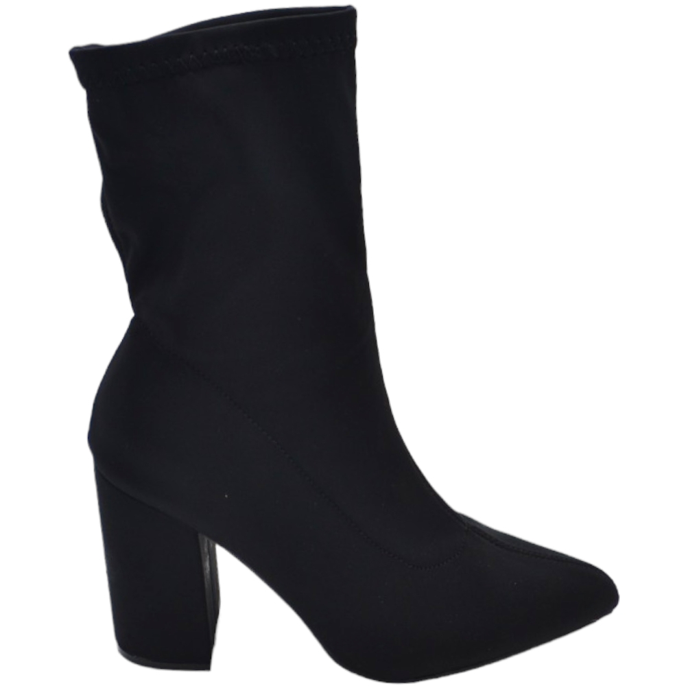 Stivaletti tronchetti donna a punta in licra effetto calzino nero con tacco largo 6 cm zip aderenti al polpaccio sexy