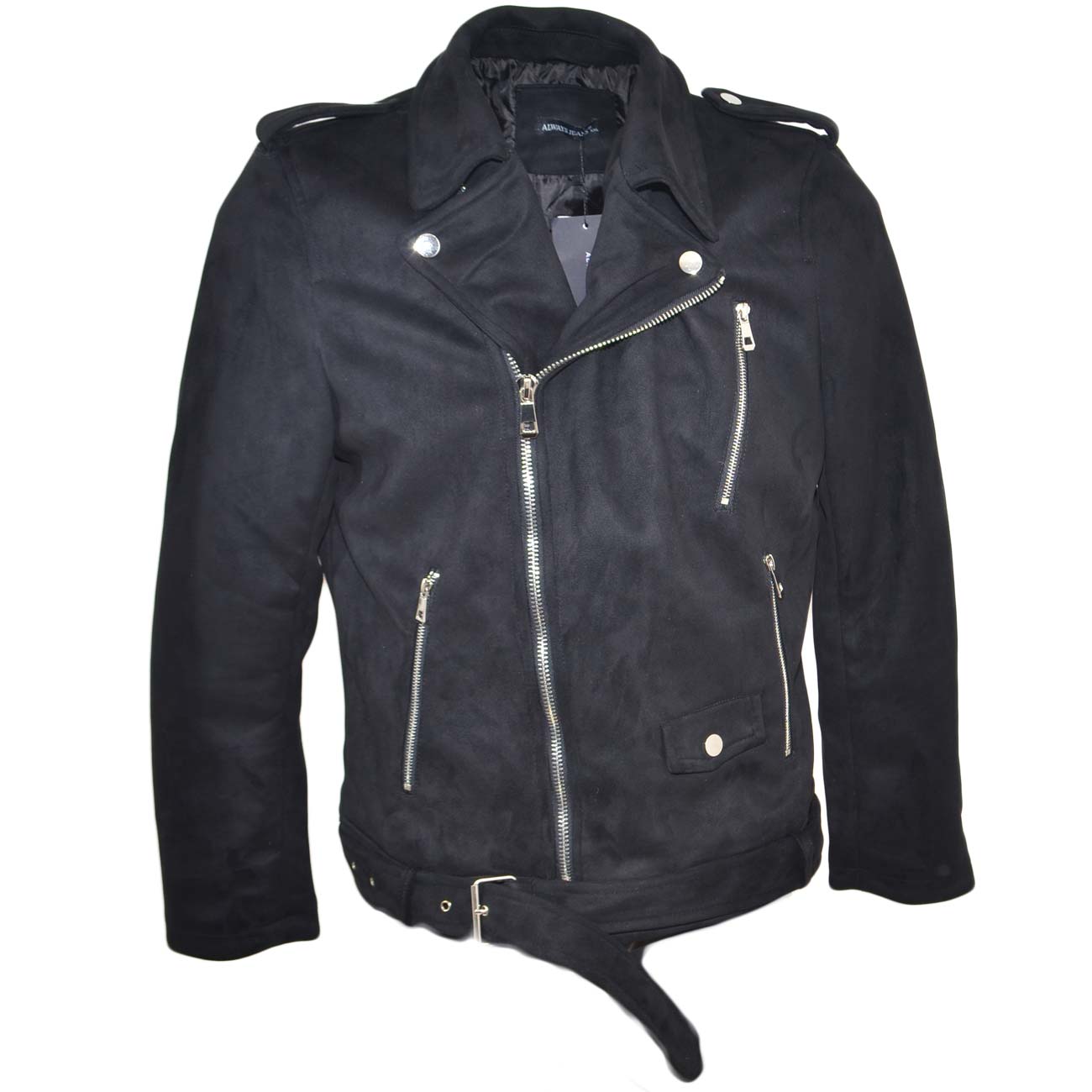 Giubbotto chiodo in camoscio con imbottitura interna cintura in vita e cerniera sul petto e  maniche man business