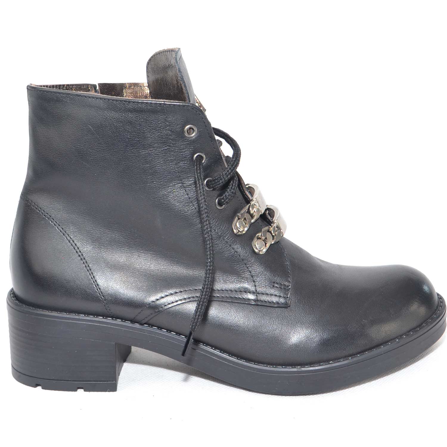 Stivaletto anfibio donna in vera pelle con catene e tacco comodo