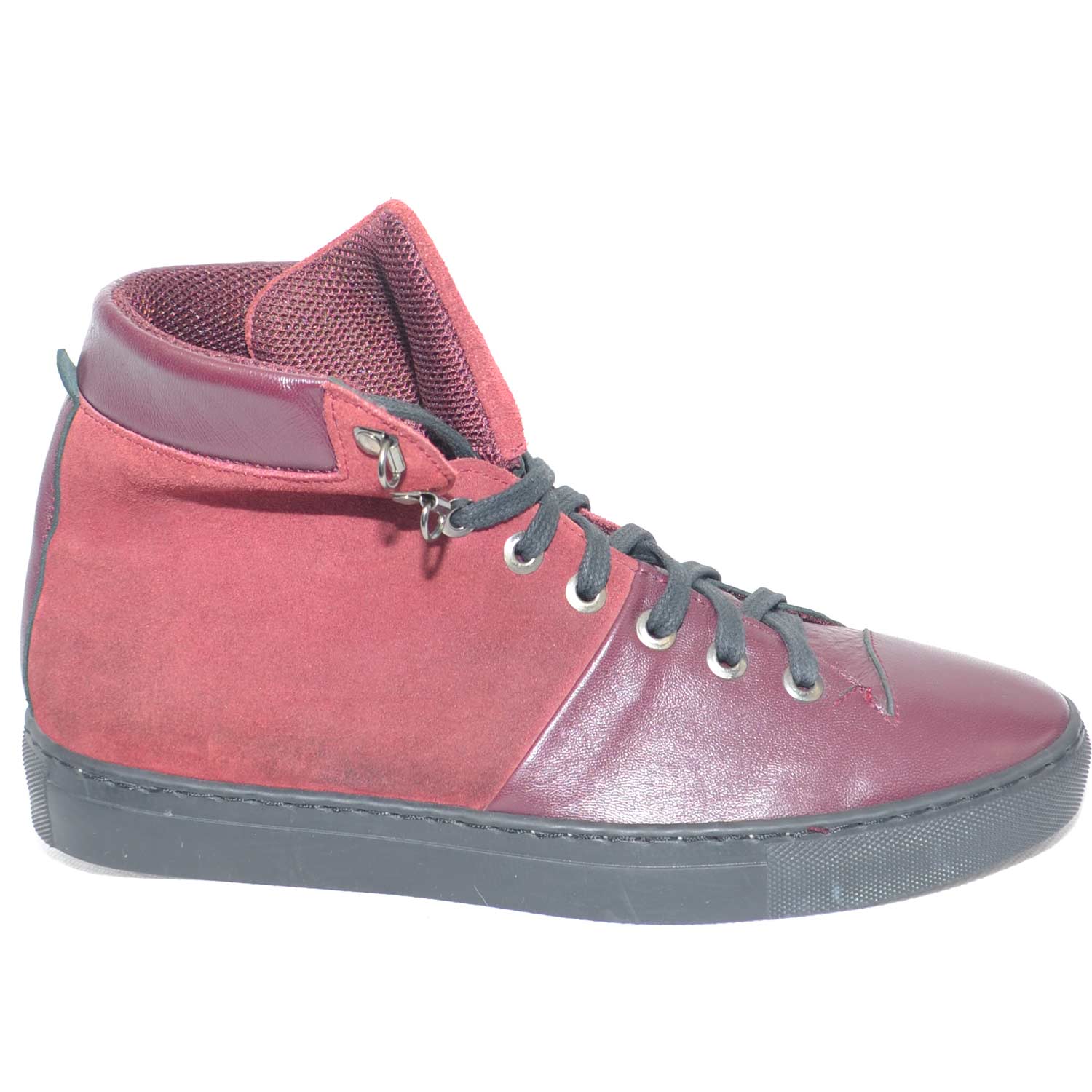 Sneakers alta scarpe uomo sportivo made in italy vera pelle scamosciata e pelle bottolato bordeaux moda glamour