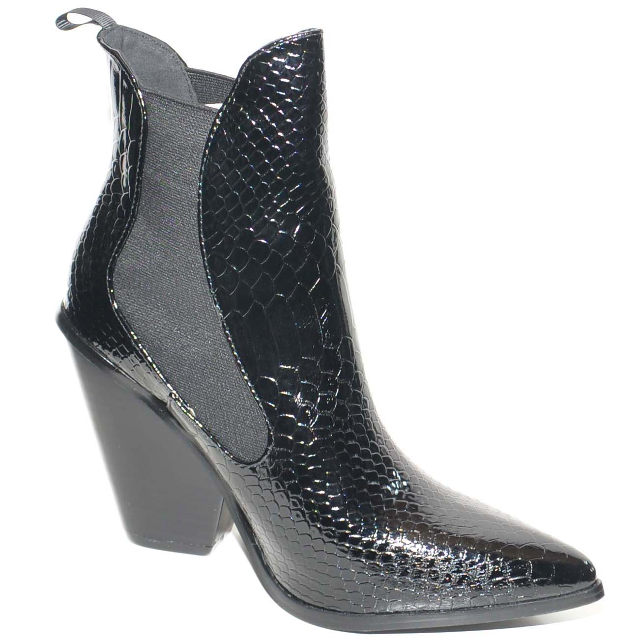 Tronchetti donna camperos texani a punta con tacco cono pelle lucida stampa pitonata moda elastico laterale 