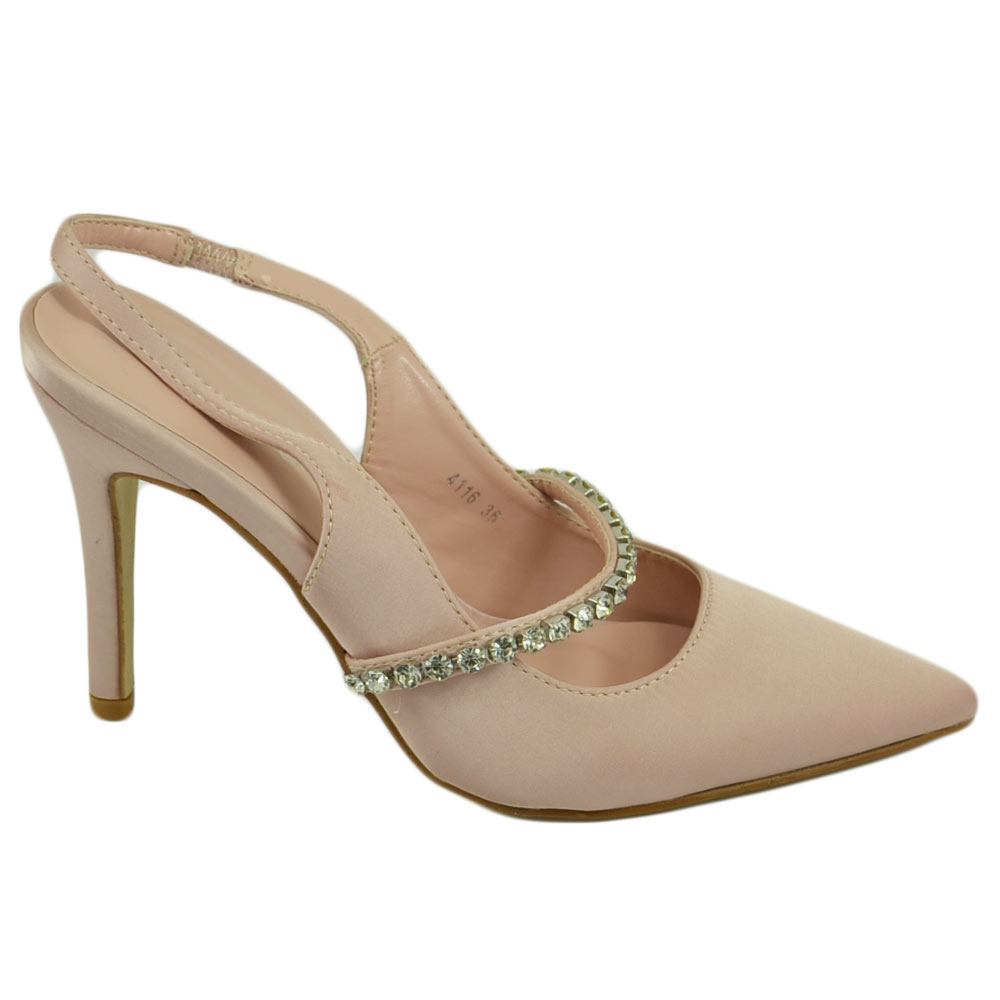 Scarpe decollete mules donna elegante punta in raso nude tacco 10 cerimonia open toe dettaglio strass.