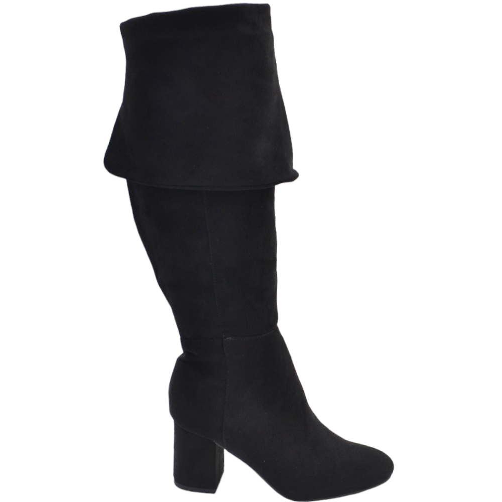 Stivale donna a punta quadrata alto in camoscio nero sopra al ginocchio o con risvolto tacco quadrato basso 5 cm con zip.