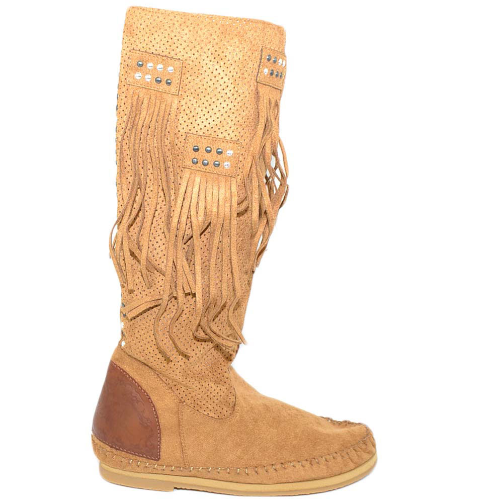 Stivali donna estivi indianini cuoio marroni forati freschi con frange e borchiette fondo in gomma e paglia moda
