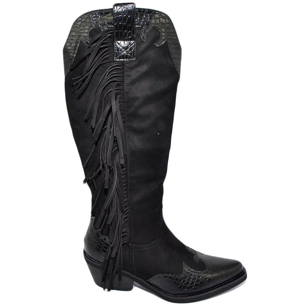 Stivali donna camperos texani stile western nero fantasia astratta pelle su camoscio tinta unita sopra ginocchio zip.