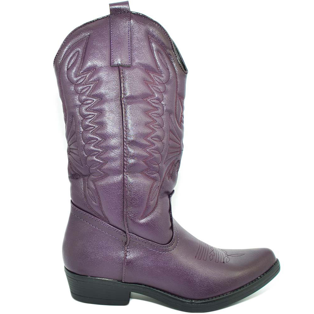 Stivali donna camperos texani stile western viola con fantasia laser su pelle tinta unita altezza polpaccio