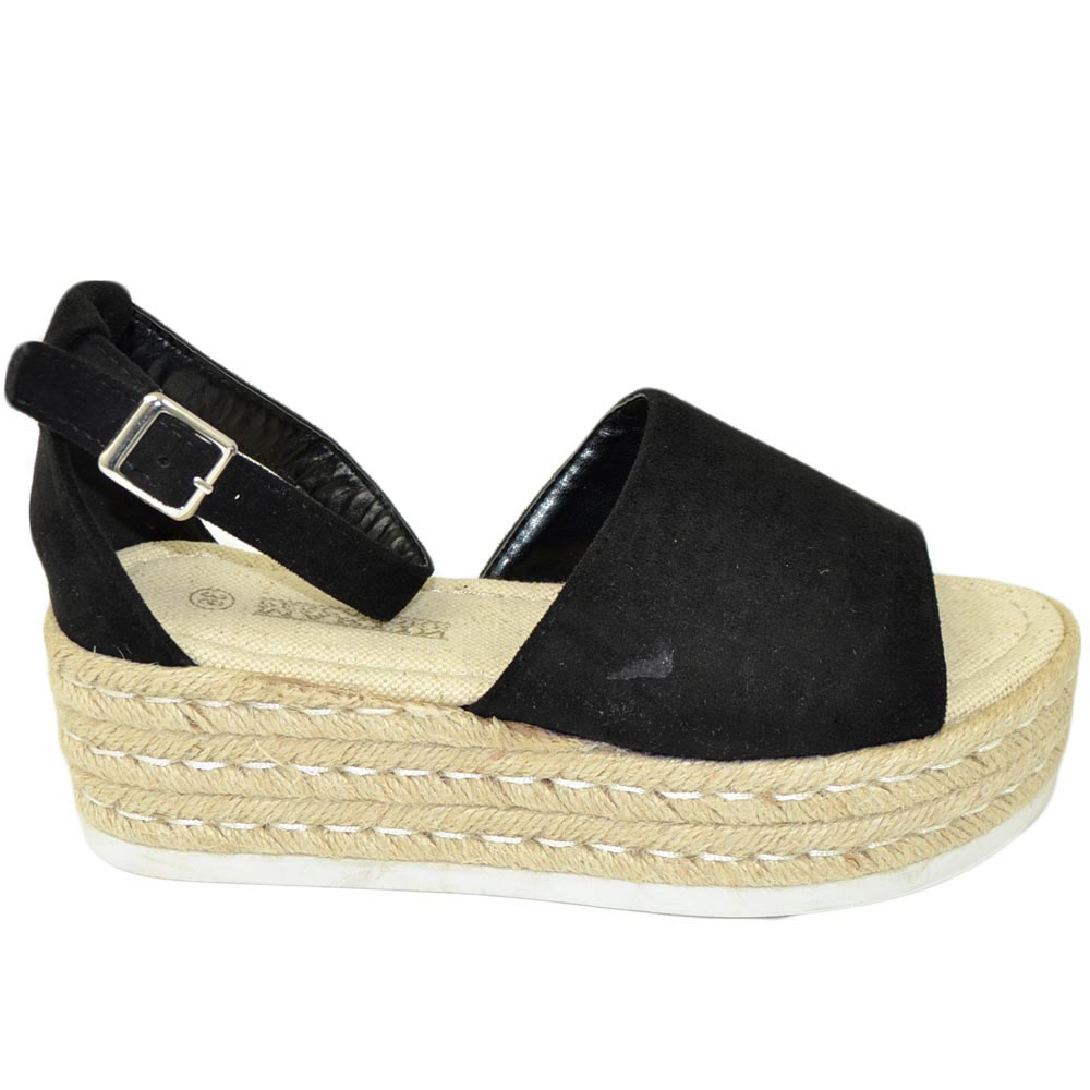 Espadrillas donna nere spuntate in camoscio morbide comode con cinturino alla caviglia fresche fondo paglia