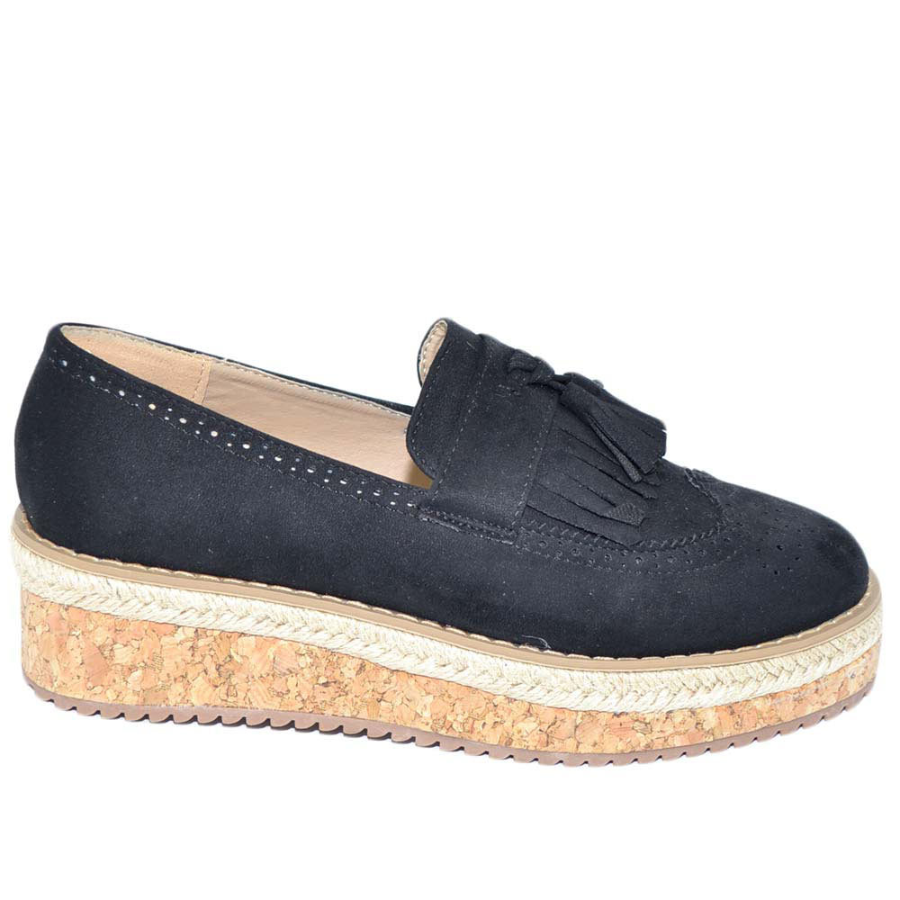 Scarpe mocassino college donna in camoscio nero con bon bon fondo in sughero e gomma comode moda