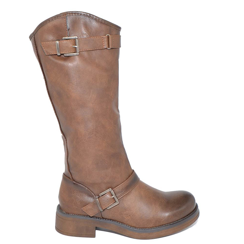 Stivali biker donna marroni con fibbie linea basic moto riders con zip fondo alto crepe gomma comfort anti stracht 