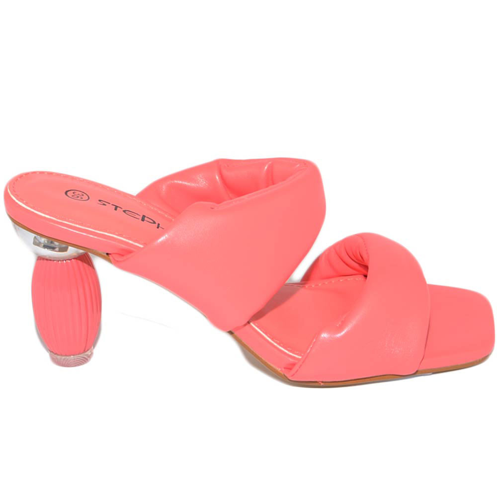 Sandali donna mules corallo con tacco bon bon 7 cm cerimonia comoda con fascette in pelle morbida punta quadrata luxury.