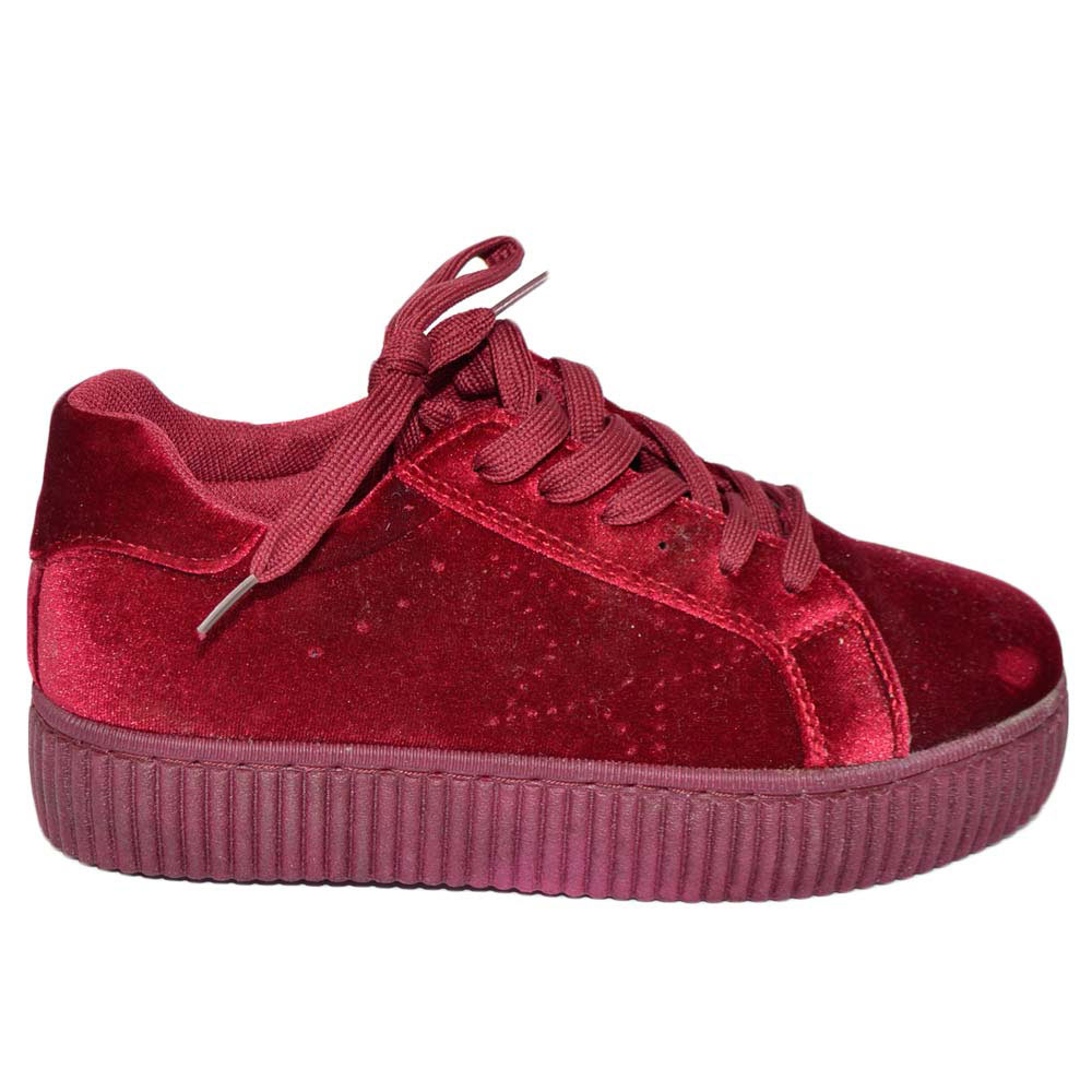 Sneakers bassa donna bordeaux ciniglia con fondo alto platform creepers lacci in tinta moda confort antistrecth.