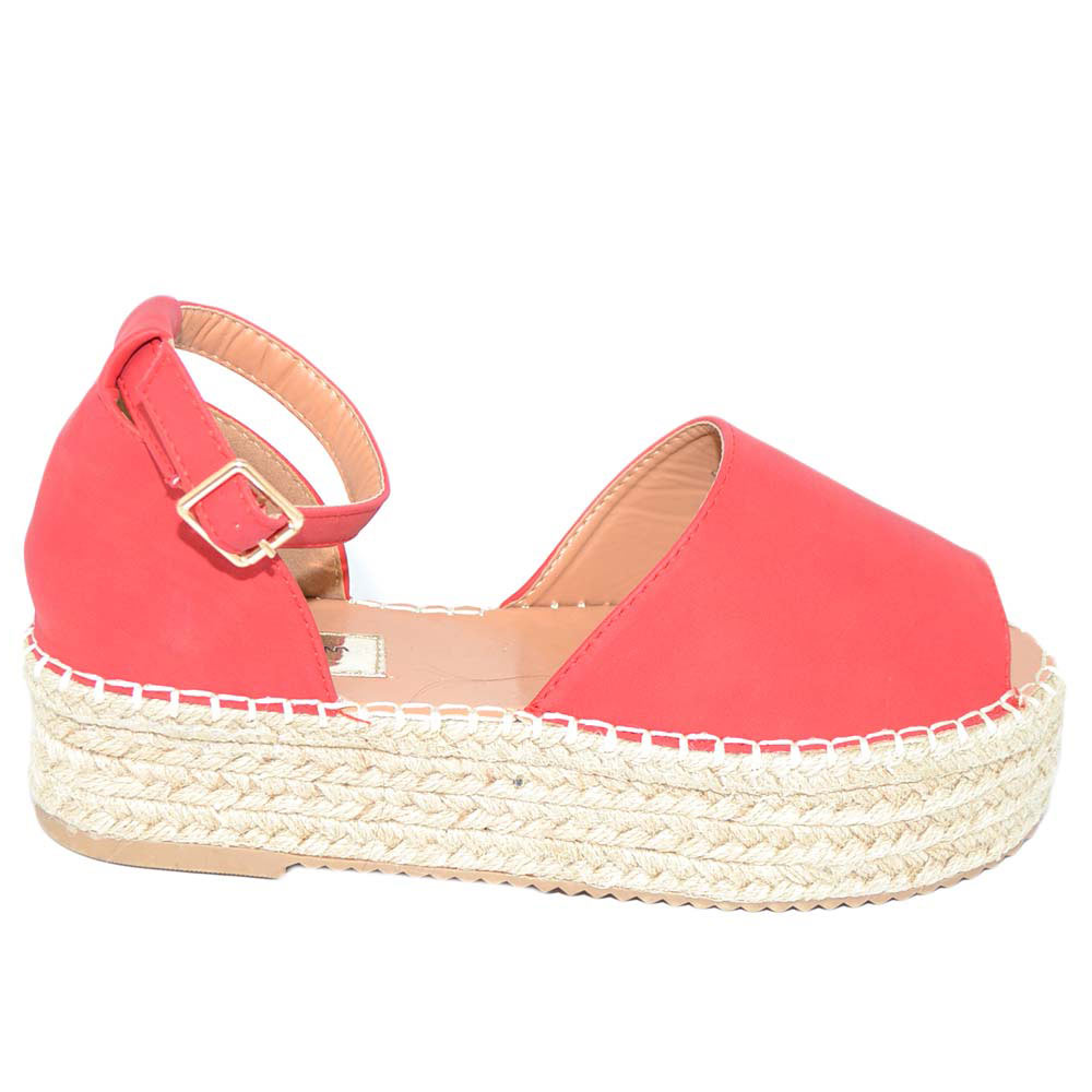 Espadrillas donna rosse spuntate in ecopelle con inserto  e cinturino alla caviglia fondo sughero e gomma moda estate.