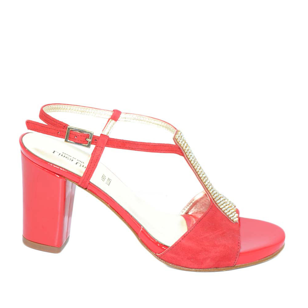 Sandalo donna gioiello rosso comfort con strass e tacco doppio 5 cm cinturino alla caviglia vera pelle made in italy 