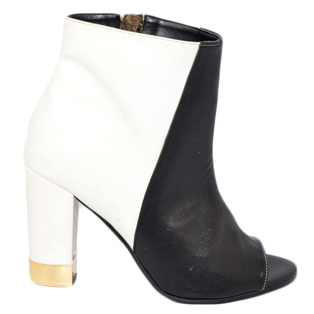 Scarpe donna tronchetto in vera pelle bicolore bianco nero open toe con tacco doppio 10 cm chiusura con zip moda glamour