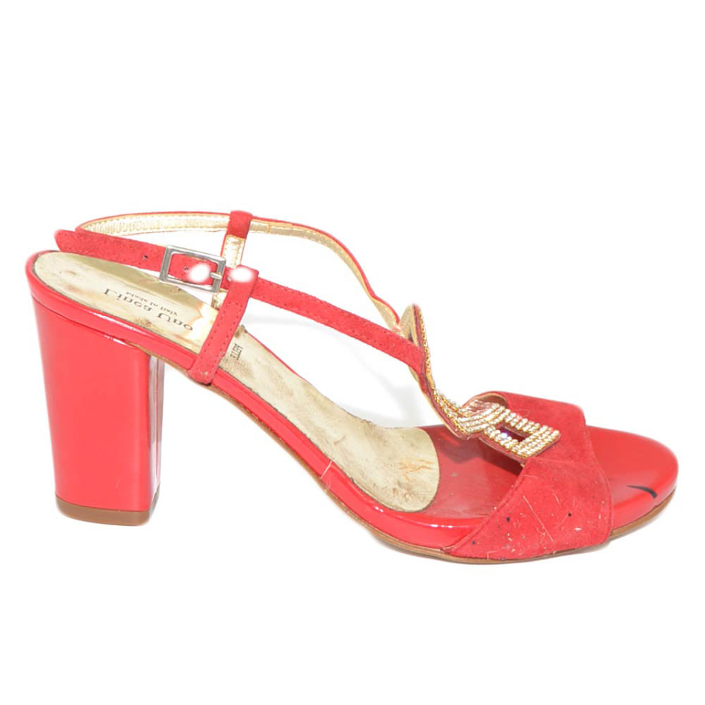 Sandalo donna gioiello rosso comfort con strass rombo tacco doppio 5 cm cinturino alla caviglia vera pelle made in italy