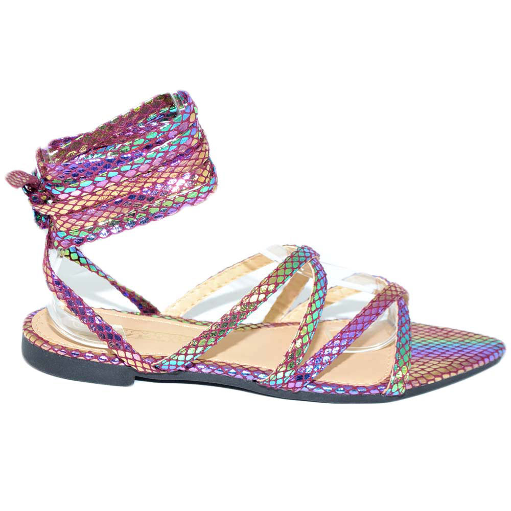Sandali donna bassi positano a punta con allacciatura alla schiava incrociati sul dorso fantasia fucsia blu moda 
