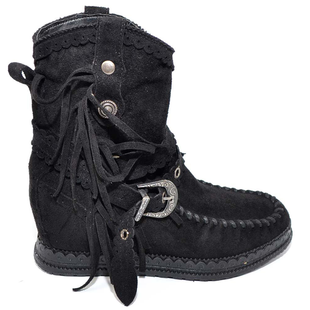 Stivaletto donna indianini nero scamosciati con frange zeppa interna 5 cm cinturino fibbia altezza caviglia moda