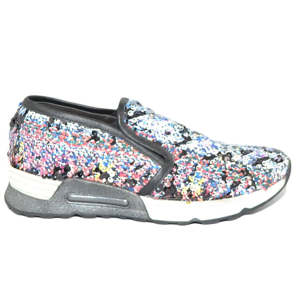 Sneaker slip on mocassino donna pailettes multicolor in vera pelle made in italy risvoltabili fondo running glamour.