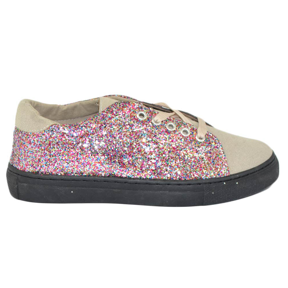 Sneakers casual bassa donna beige con laterali glitter rosa fondo basso leggere comode moda punta tonda.