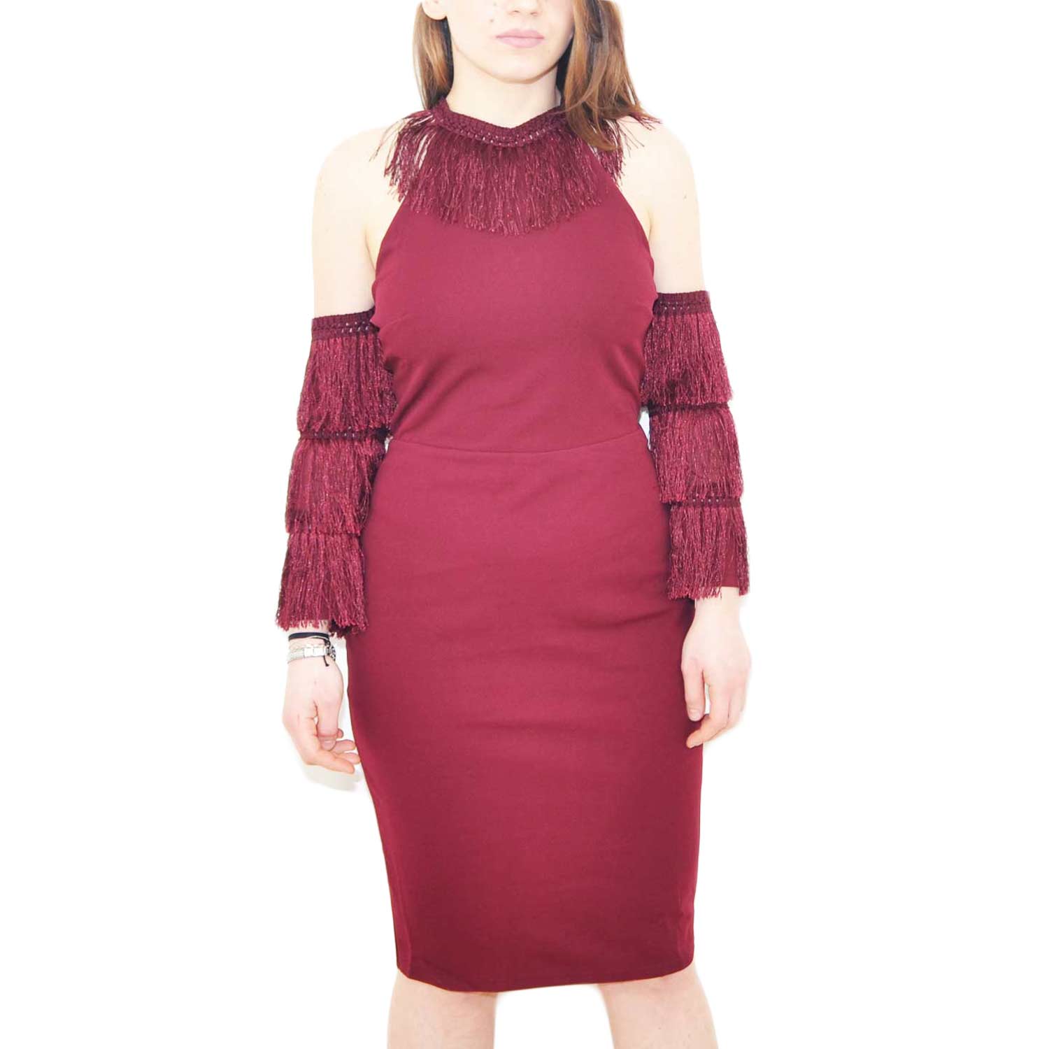 Vestito da donna in cotone bordeaux con manica staccata stile charleston scollo imperiale glamour
