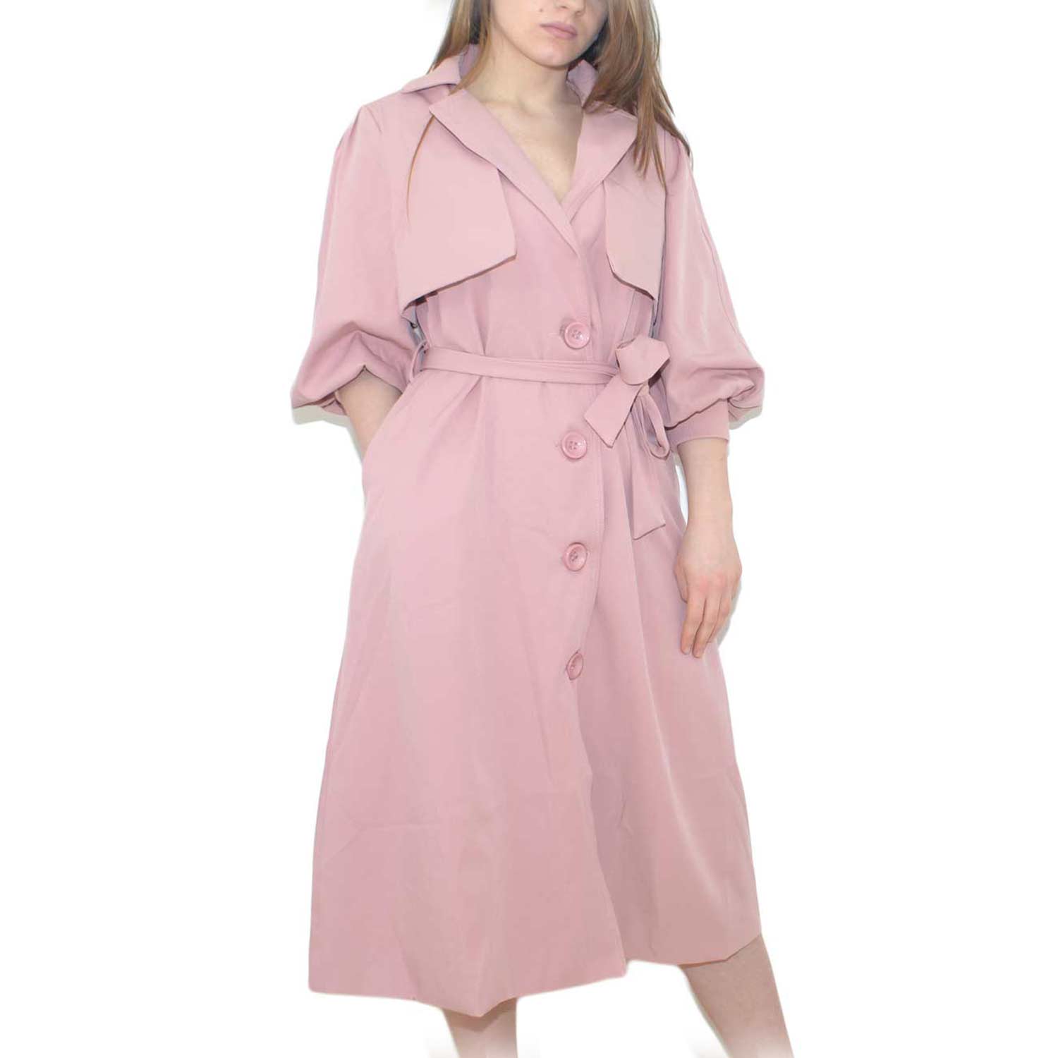 trench donna  rosa cipria manica a sbuffo estivo cintura in vita bottoni anni 30