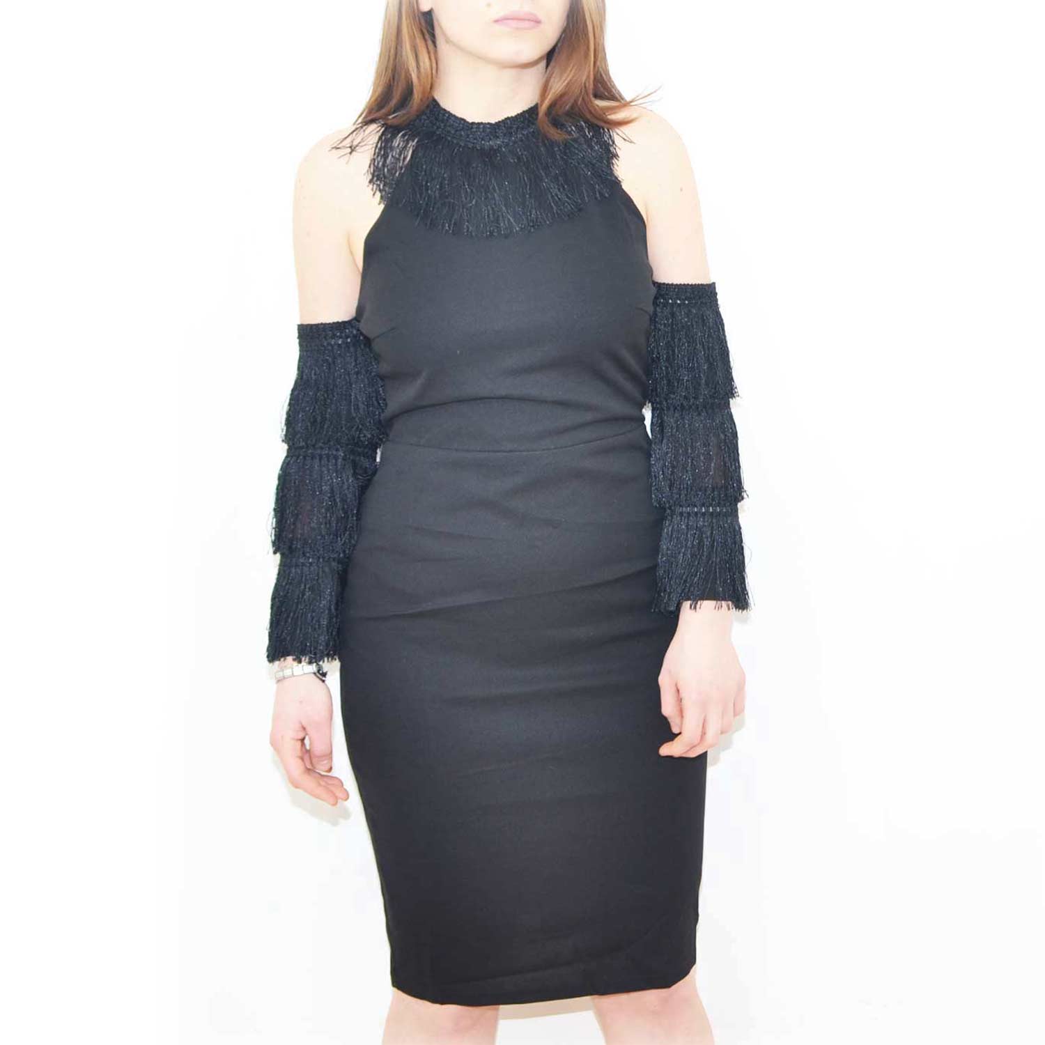 Vestito da donna in cotone nero con manica staccata stile charleston scollo imperiale glamour