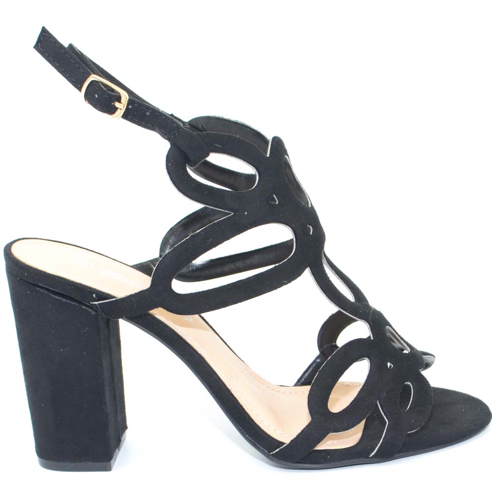 Sandalo donna nubuk nero tacco largo cinturino alla caviglia aperto sul calcagno fantasia floreale laser moda