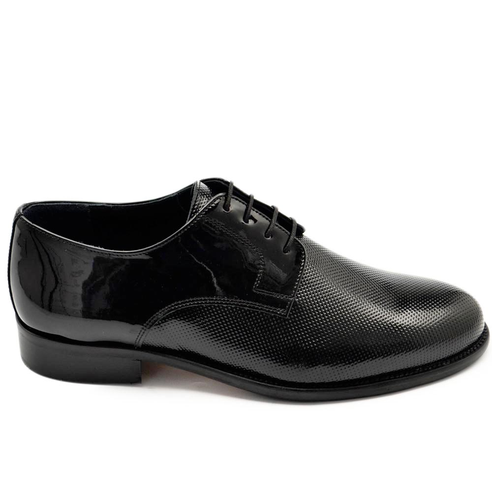 Scarpe uomo stringate classiche vernice e pelle crast nero puntinato made in italy fondo vero cuoio antiscivolo eleganti.