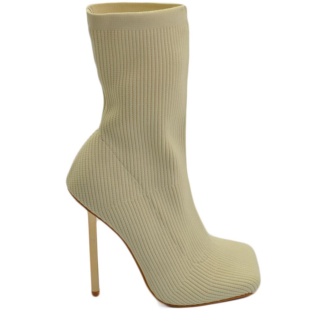 TRONCHETTI MODELLO CALZINO BEIGE GAMBALE ELASTICIZZATO ALLA CAVIGLIA CON TACCO SOTTILE ORO 12 CM PUNTA QUADRATA