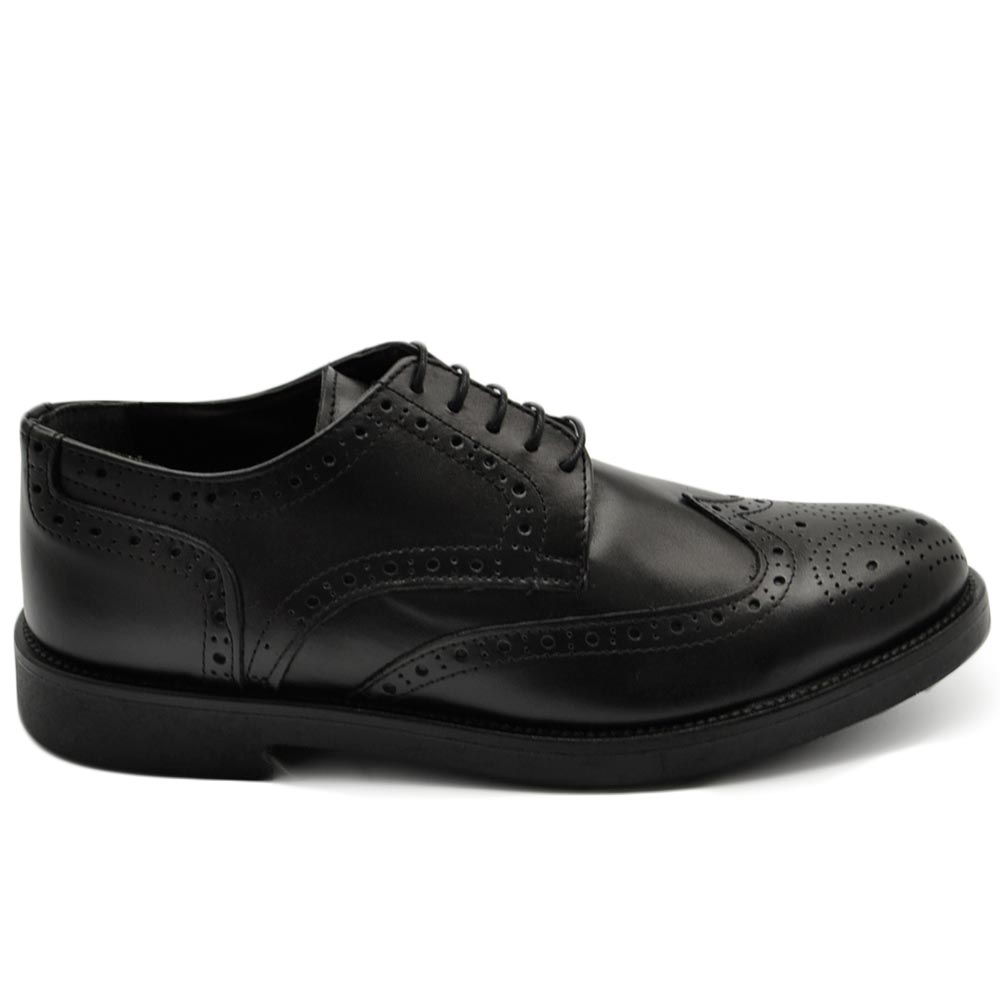 Scarpe uomo francesina stringata elegante ricamo in vera pelle di nappa nero made in italy fondo gomma sottile comoda.