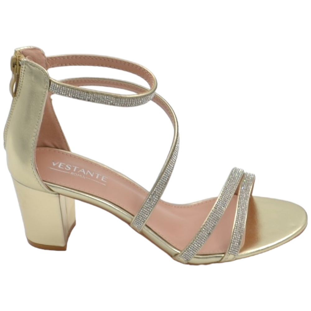 Scarpe sandalo donna oro pelle con fasce a incrocio strass argento e chiusura con zip retro tacco largo comodo 5cm