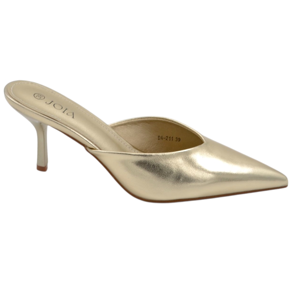Décolleté mule donna a punta lucido oro con tacco sottile 7 cm senza chiusura.