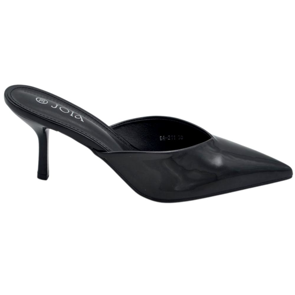 Decollete mule donna a punta lucido nero con tacco sottile 7 cm senza chiusura.