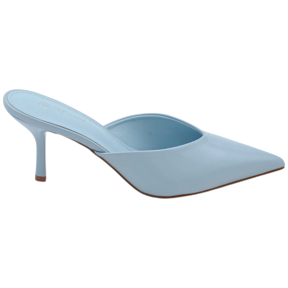 Décolleté mule donna a punta lucido celeste pastello con tacco sottile 7 cm senza chiusura.