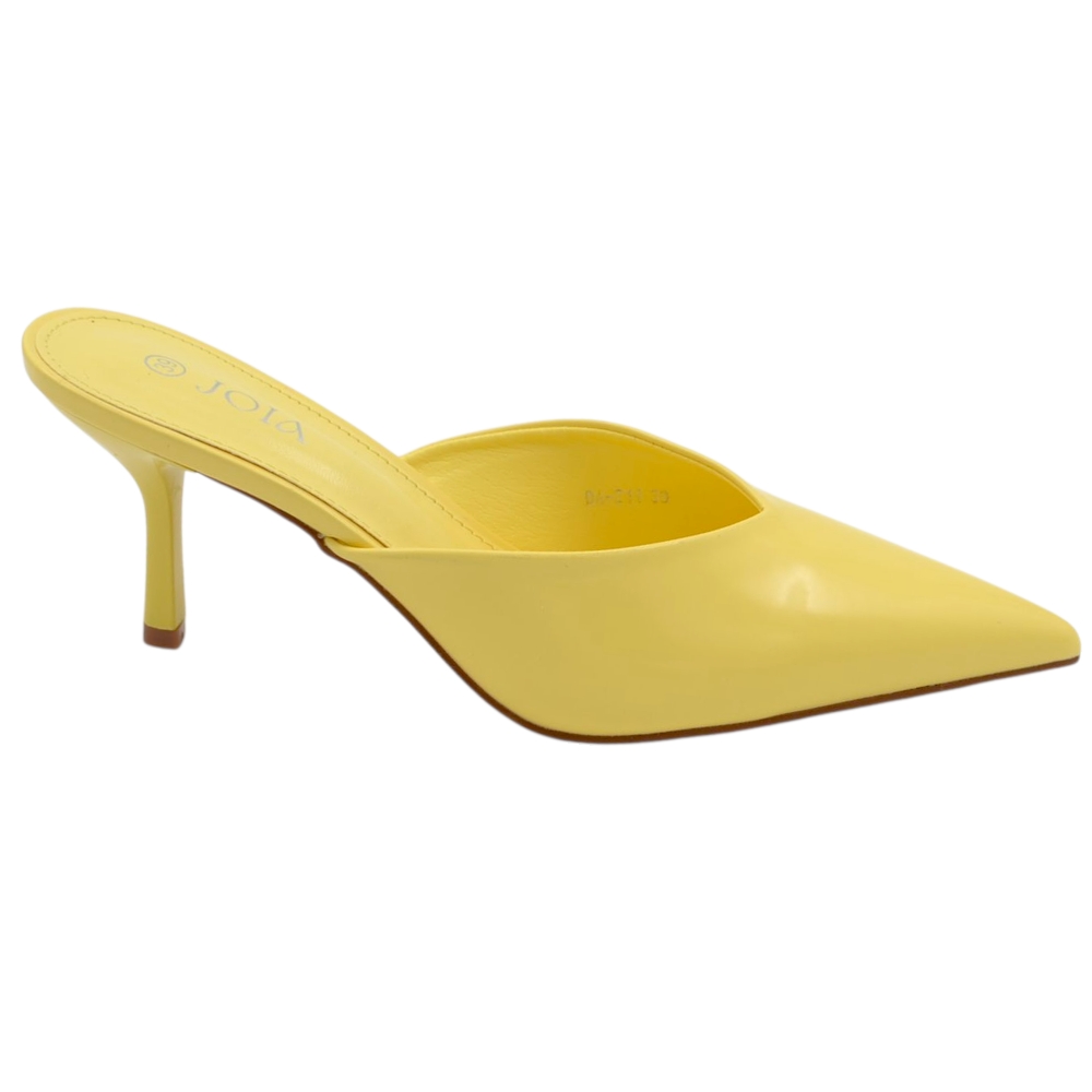 Decollete mule donna a punta lucido giallo pastello con tacco sottile 7 cm senza chiusura